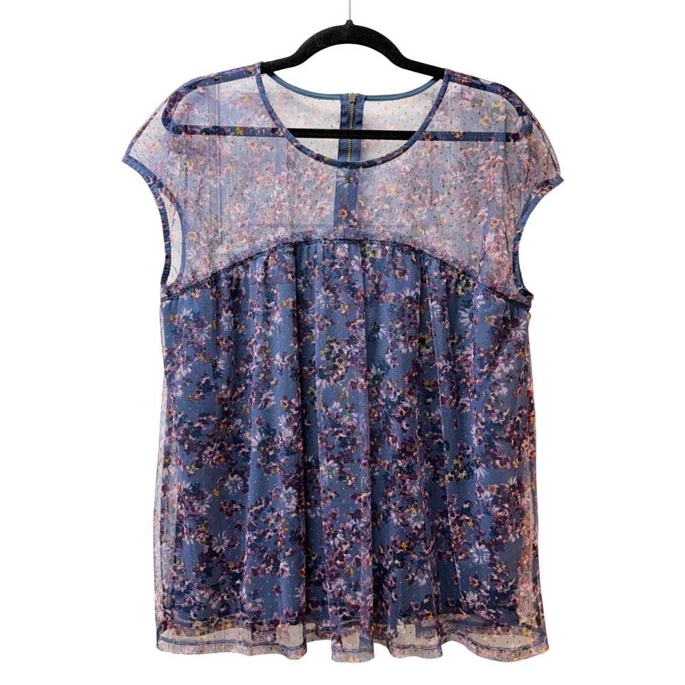 Floral Mesh Cap Sleeve Babydoll Blouse Blue Purple Sheer Overlay Top - Picture 2 of 10